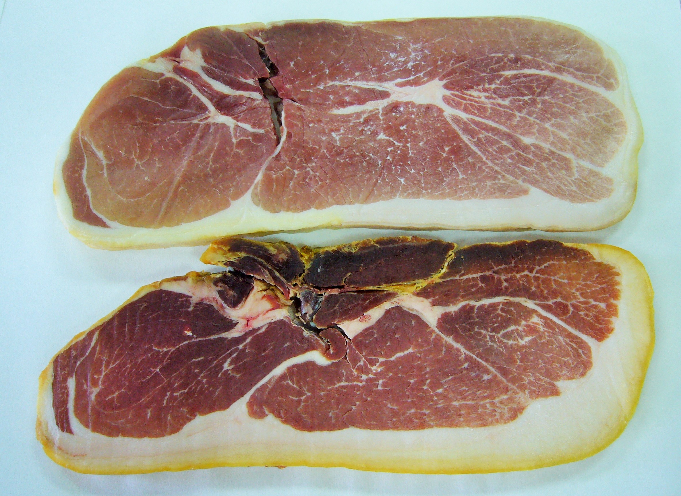 Cross sections of Serrano ham with different degree of maturation