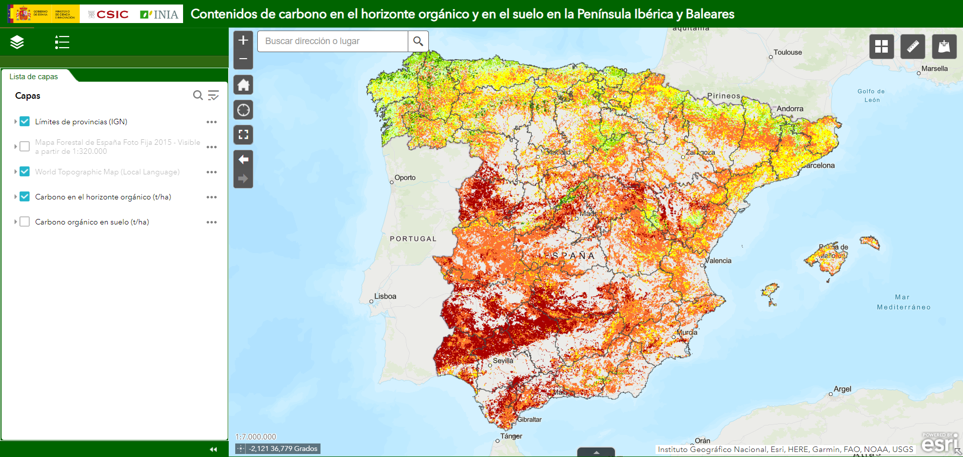 Visor del contenido de C acumulado en el horizonte orgánico y en el suelo en la Península Ibérica y Baleares​​